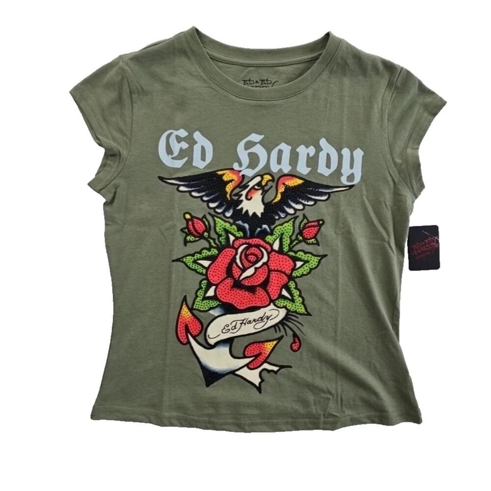 Ed Hardy T Shirt Women's M Green Rhinestone Eagle Rose Floral Graphic Logo NWT